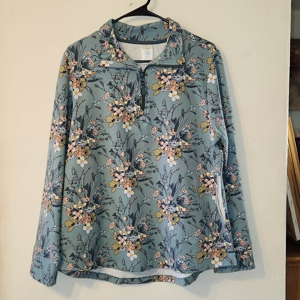 Vera Bradley Teal Blue Floral Terry 1/4 Zip Popover Large